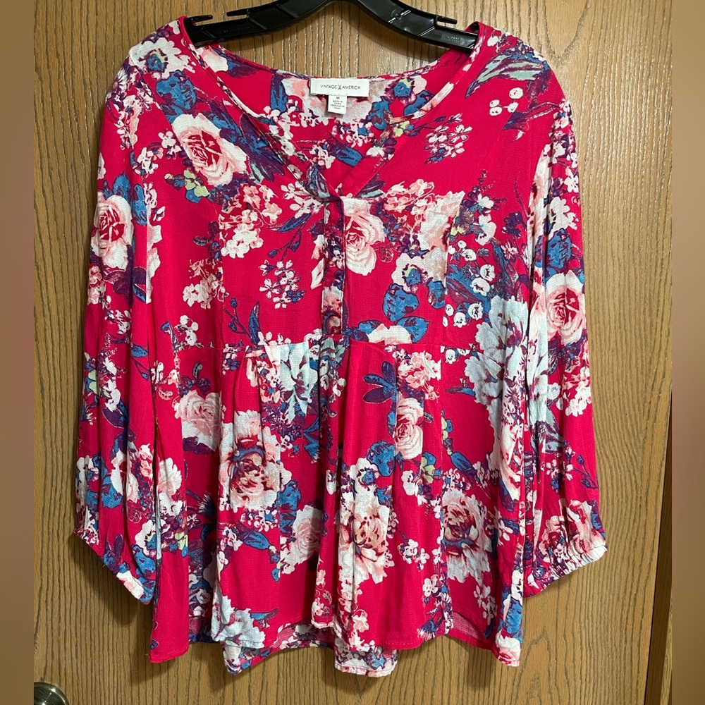 Floral Blouse in Red and Blue with a V Neck